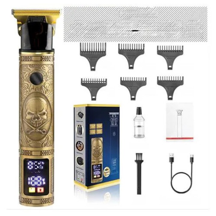 Aparat de tuns par K0285-EP0814-HJ30145, afisaj digital, 3 trepte viteza, lama din titan, incarcare USB, design craniu, 6 piepteni ghid, auriu