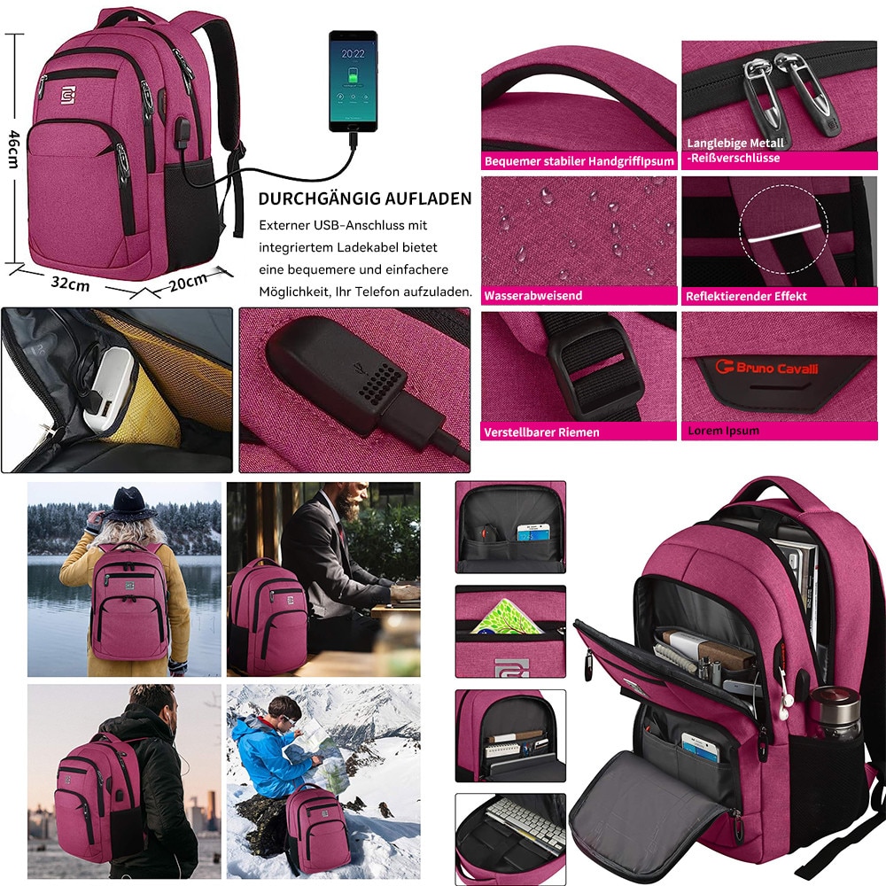 Rucsac laptop din poliester cu port USB, jack audio, buzunar anti-furt si curea pentru troler EAG-8255, magenta