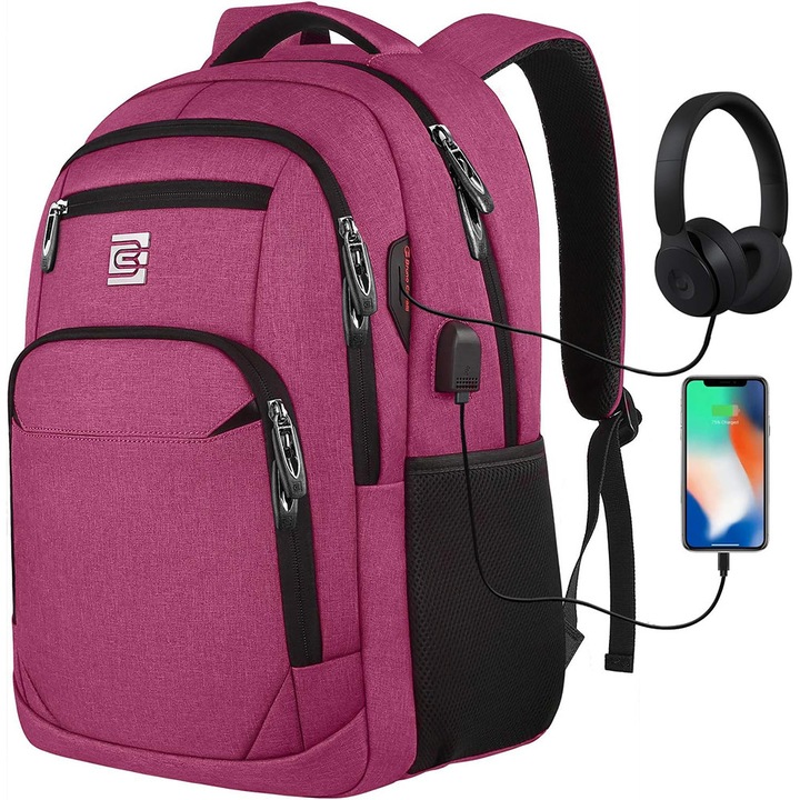 Rucsac laptop din poliester cu port USB, jack audio, buzunar anti-furt si curea pentru troler EAG-8255, magenta