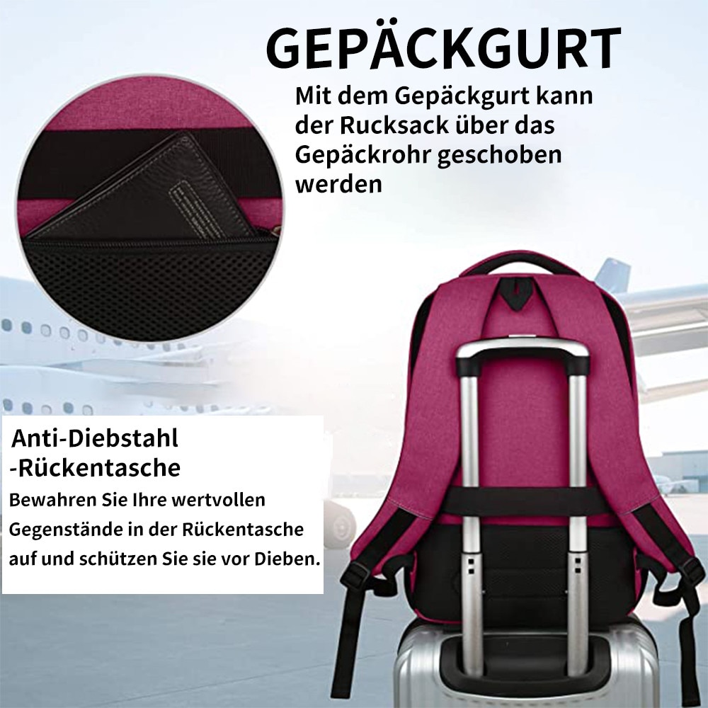 Rucsac laptop din poliester cu port USB, jack audio, buzunar anti-furt si curea pentru troler EAG-8255, magenta