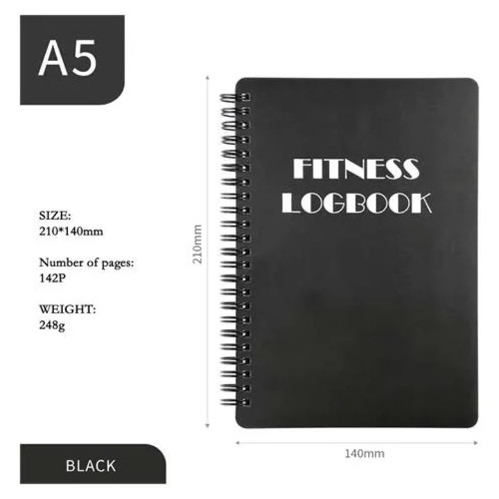 Jurnal de fitness A5 model K0285-EP0814-HJ29662, spiralat, 142 pagini, negru, 210 x 140 mm