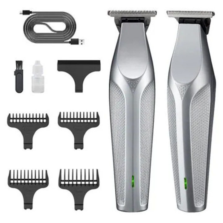 Masina de tuns si trimer electric 2-in-1 K0285-EP0814-HJ29341, reincarcabila USB, cu 6 piepteni si accesorii, argintiu
