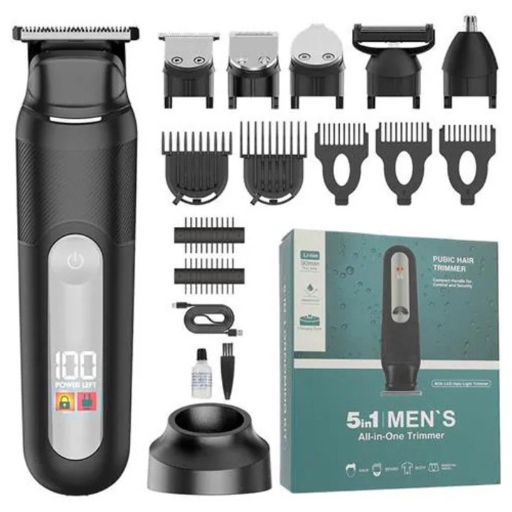 Trimmer multifunctional 5-in-1 pentru barbati K0285-EP0814-HJ28873, reincarcabil, afisaj LED, rezistent la apa, negru, kit cu capete si accesorii