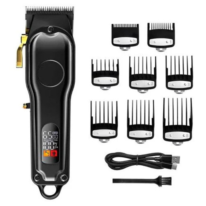 Aparat de tuns profesional fara fir K0285-EP0814-HJ27970, display LED, incarcare USB-C, lama detasabila, 8 piepteni ghidaj, negru