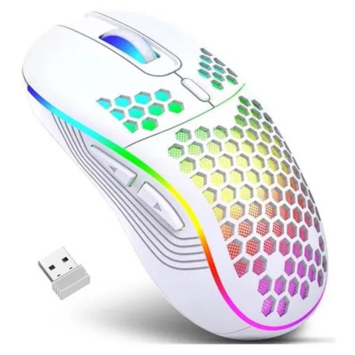 Безжична акумулаторна мишка 2.4G K0285-EP0814-HJ27813, ергономична, RGB осветление, DPI 800/1200/1600, корпус тип пчелна пита, бяла, с USB донгъл