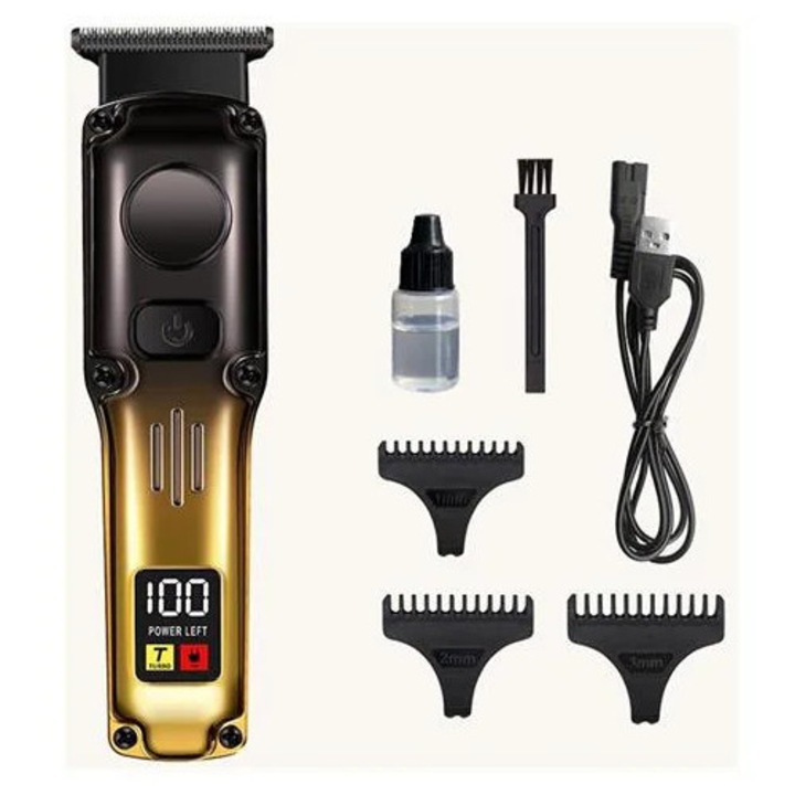 Masina de tuns electrica K0285-EP0814-HJ27881, lama ceramica pentru detalii, reincarcabila, display nivel baterie, negru/auriu, cu 3 piepteni si cablu USB