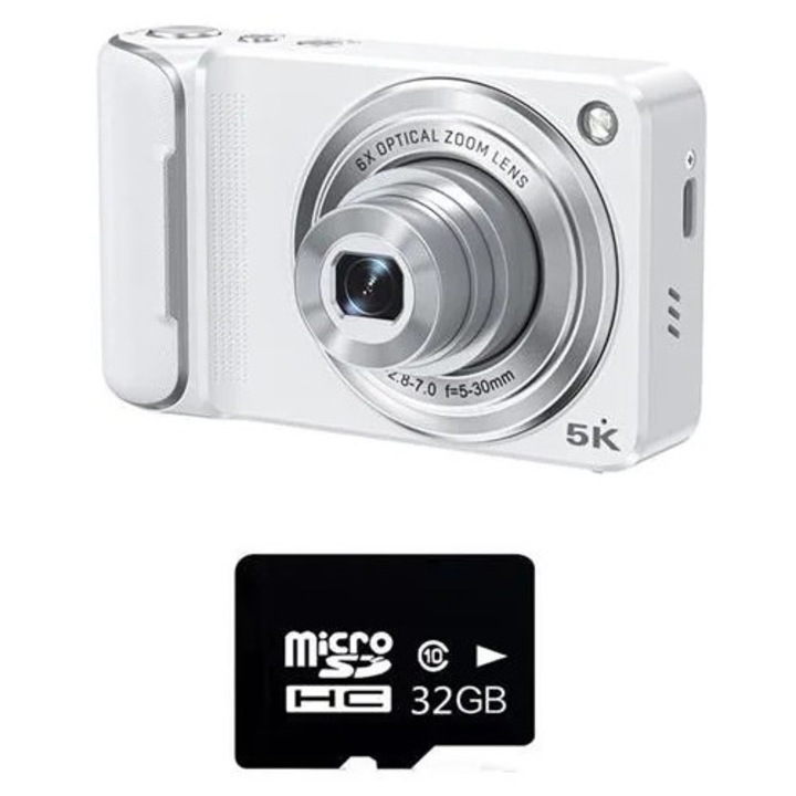 K0285-EP0814-HJ27696 digitális fényképezőgép, 6x optikai zoom, 5K, 32GB microSD kártya mellékelve, fehér