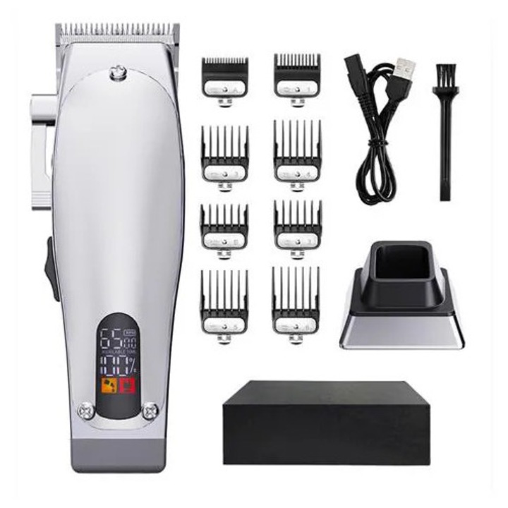 Masina de tuns par fara fir K0285-EP0814-HJ26568, display LCD, lame din otel inoxidabil, set piepteni ghid reglabili, incarcare USB, argintiu