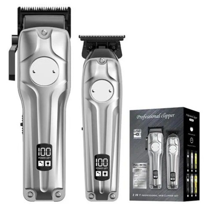 Masina de tuns profesionala K0285-EP0814-HJ26040, set 2 in 1, corp metalic, fara fir USB, afisaj LED pentru baterie, argintiu