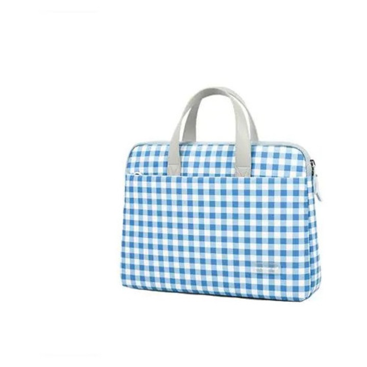Geanta pentru laptop din nylon Oxford impermeabil cu model in carouri, albastru/alb, 14 inch