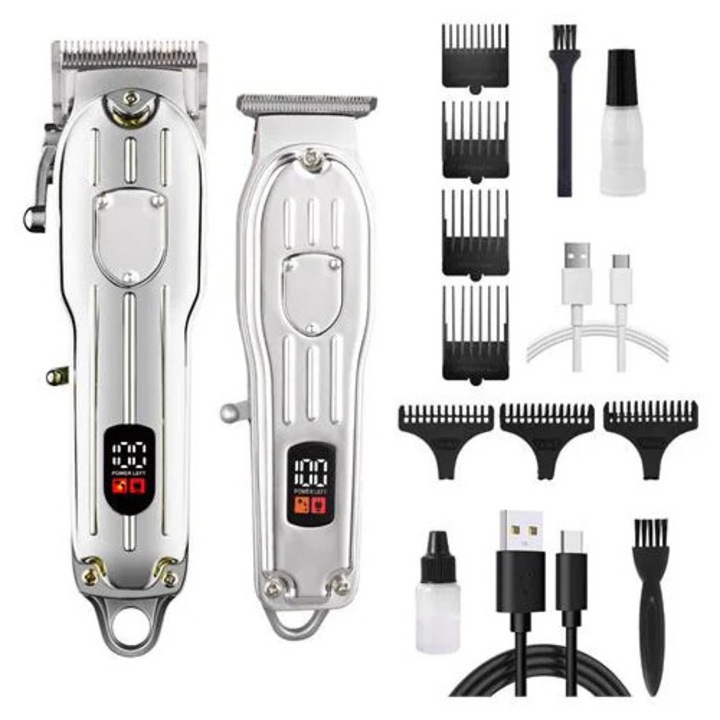 Set masina de tuns si trimmer K0285-EP0814-HJ25573, fara fir, USB reincarcabil, lame reglabile 0,8–2,0 mm, cu piepteni detasabili, argintiu