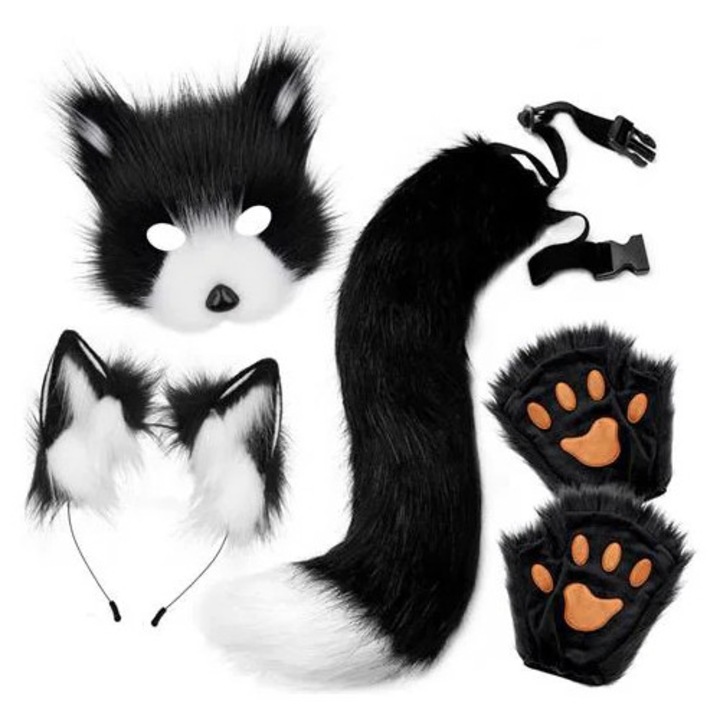 Set costum cosplay vulpe din plus, 4 piese: masca, bentita cu urechi, coada si manusi tip labuta, negru/alb