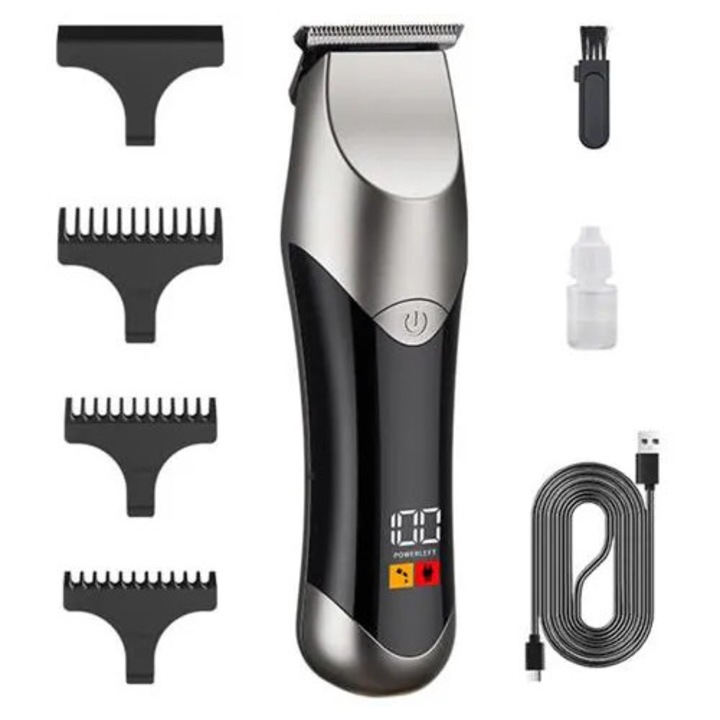 Masina de tuns parul, afisaj digital, lame din otel inoxidabil, incarcare USB, 4 piepteni inclusi, argintiu/negru