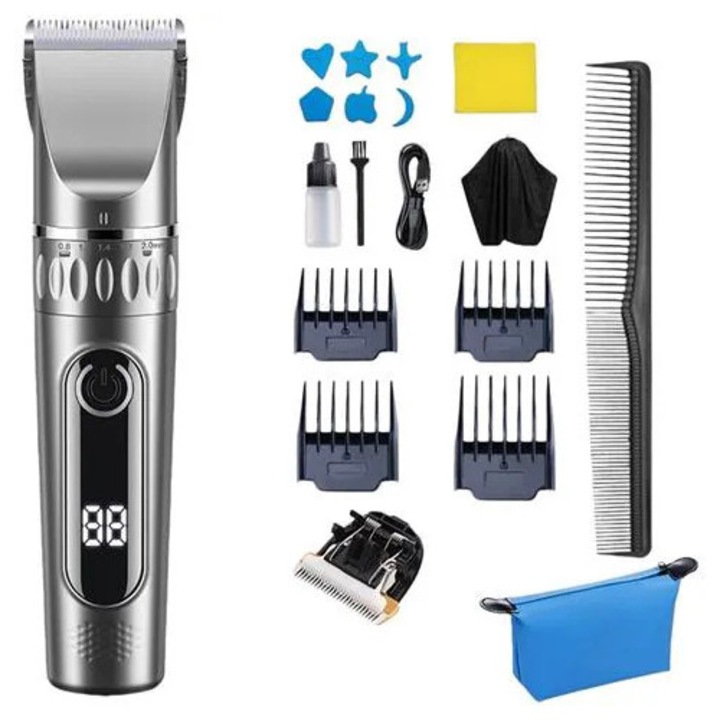 Masina de tuns par K0285-EP0814-HJ23321, fara fir incarcabila, lama din otel inoxidabil, afisaj LCD, set cu piepteni ghid si accesorii, gri