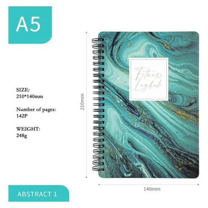 Planner de fitness A5 spiralat, design marmorat turcoaz, 142 pagini, 210 x 140 mm, cod K0285-EP0814-HJ23142