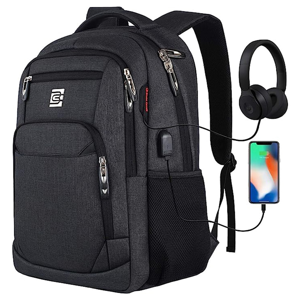 Rucsac pentru laptop din textil, port USB extern cu cablu integrat, jack pentru casti, buzunar ascuns anti-furt, curea pentru troler, gri inchis, model EAG-8253