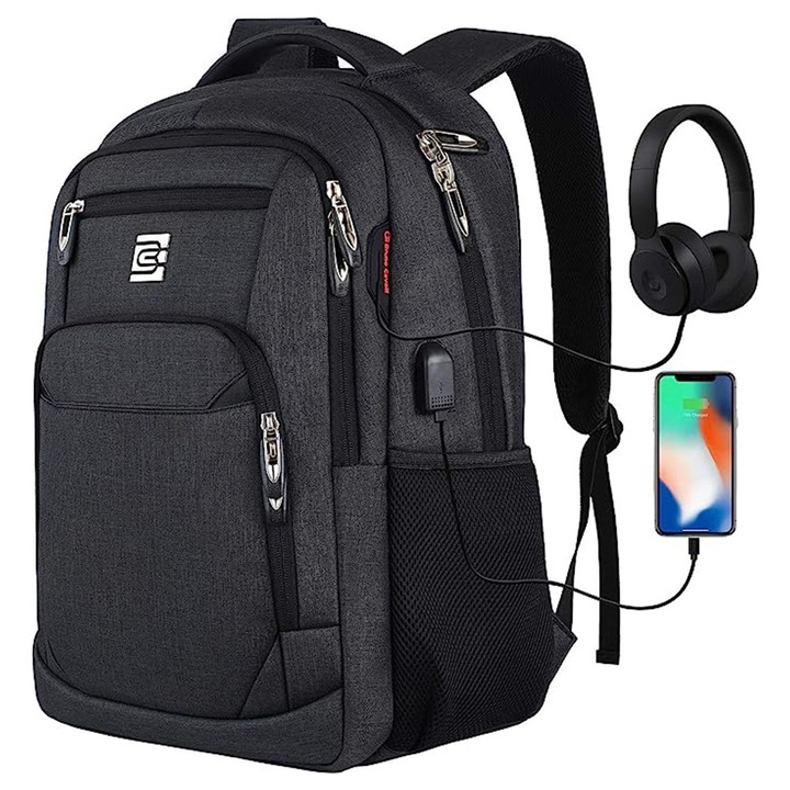 Rucsac pentru laptop din textil, port USB extern cu cablu integrat, jack pentru casti, buzunar ascuns anti-furt, curea pentru troler, gri inchis, model EAG-8253