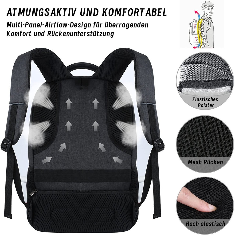 Rucsac pentru laptop din textil, port USB extern cu cablu integrat, jack pentru casti, buzunar ascuns anti-furt, curea pentru troler, gri inchis, model EAG-8253