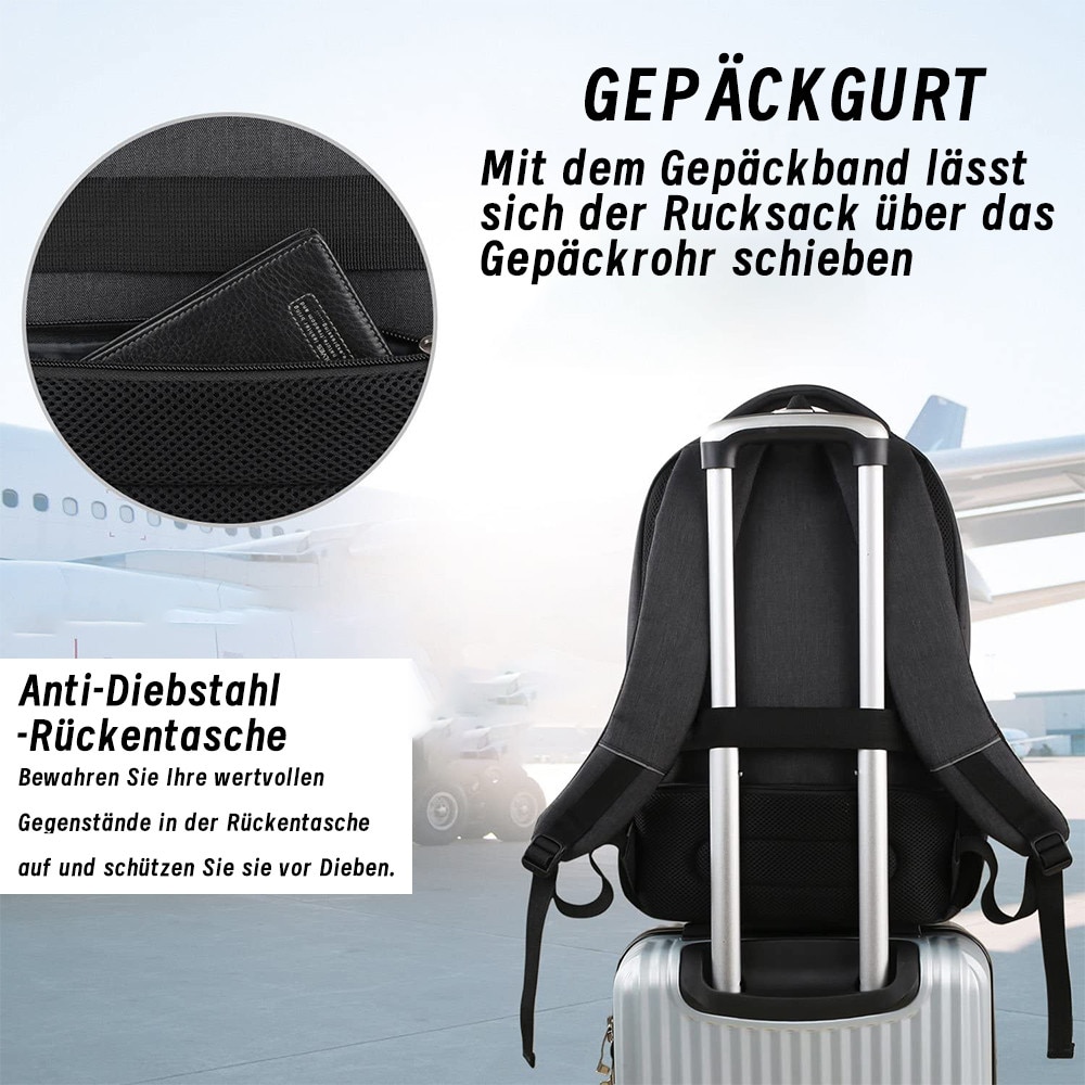 Rucsac pentru laptop din textil, port USB extern cu cablu integrat, jack pentru casti, buzunar ascuns anti-furt, curea pentru troler, gri inchis, model EAG-8253