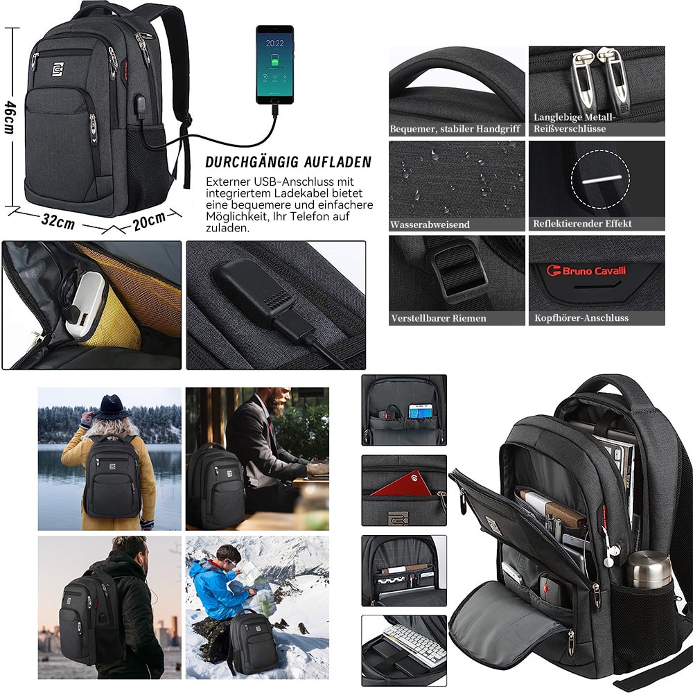 Rucsac pentru laptop din textil, port USB extern cu cablu integrat, jack pentru casti, buzunar ascuns anti-furt, curea pentru troler, gri inchis, model EAG-8253