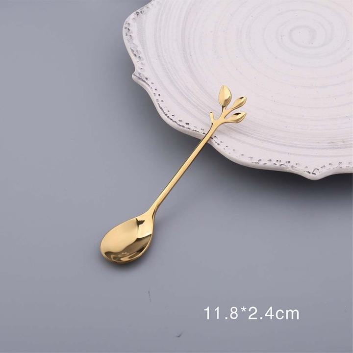 YANYXR BCS3088799 kávéskanál, aranyozott rozsdamentes acél levél díszítésű nyéllel, 11.8 x 2.4 cm