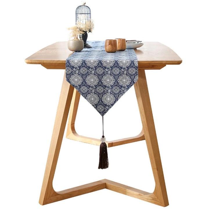 YANYXR BCS3076771 asztali futó pamutból és lenből, rojtokkal, etnikai mintával, kék/fehér, 33x180 cm