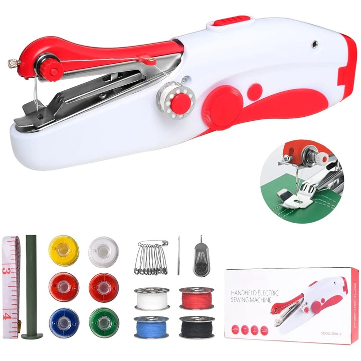 Masina de cusut portabila electrica YANYXR ZDML-5 (BCS3089554), mini, alimentare 4x AA sau DC, kit accesorii inclus, alb/rosu