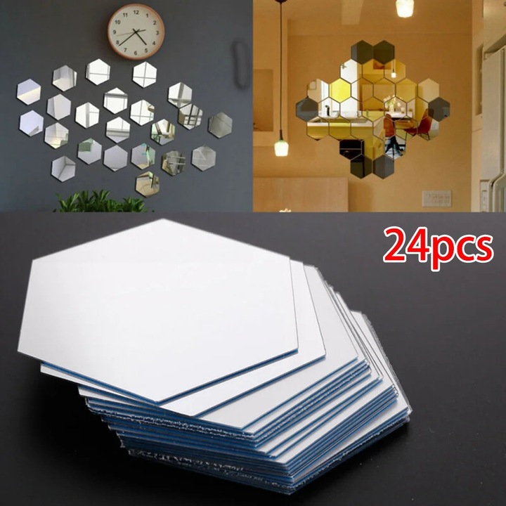 YANYXR BCS3087872 hatszögletű tükörmatrica, öntapadós akril, ezüst, 24 db-os készlet, kb. 80 mm méret