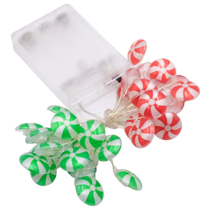 YANYXR BCS3068247 LED fényfüzér, átlátszó rézhuzal, cukorka típusú dekoráció, 3 x elem (No.5) tápellátás, többszínű