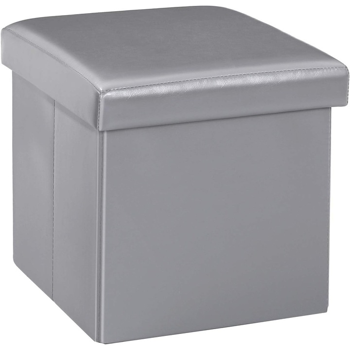 Taburet cu spatiu de depozitare EAG-25602, pliabil, tapitat cu spuma, CARB P2 MDF, gri deschis, 30 x 30 x 30 cm, capacitate max. 120 kg