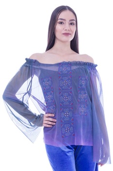 Bluza tul albastru cu broderie Liza Panait AV-113E, 48 EU Bluza tul albastru cu broderie Liza Panait AV-113E, 48 EU