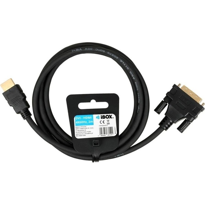 Кабел HDMI към DVI IBOX ITVFHDDVI012, мъжки конектори HDMI–DVI, 4K 60Hz, 2 м, черен