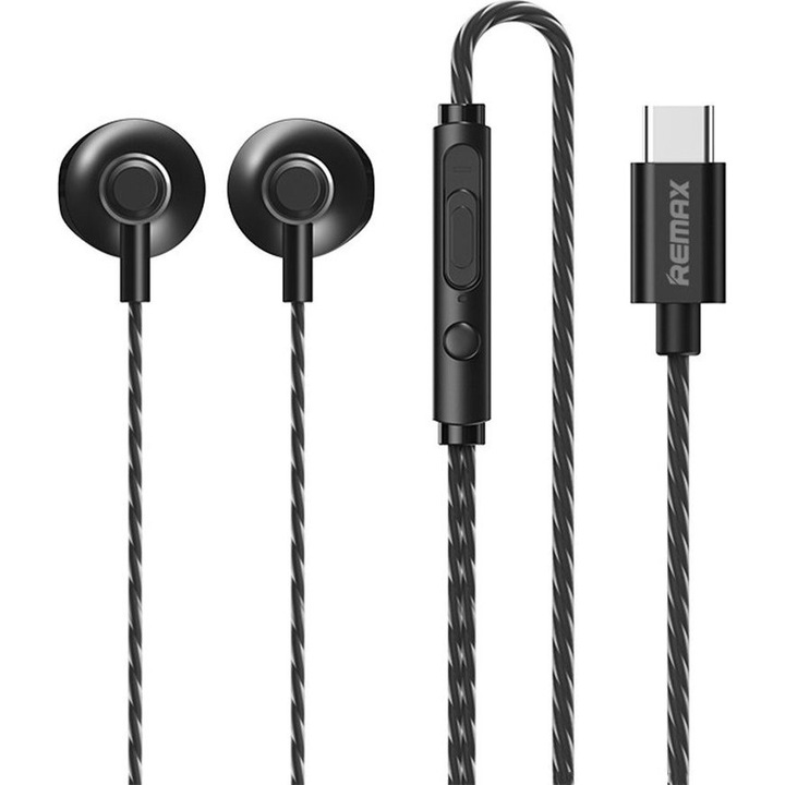 Casti cu fir Remax RM-711a, USB-C, microfon incorporat si control apel, reducere zgomot, driver 14,2 mm, cablu 1,2 m, negru