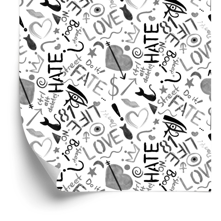 Tapet - Graffiti cu inimioare, Decor de perete, Design abstract, Decor artistic, Motiv urban, Design arhitectural, Pentru camera copilului, dormitor si living, Vlies, Finisaj mat, Model 1307