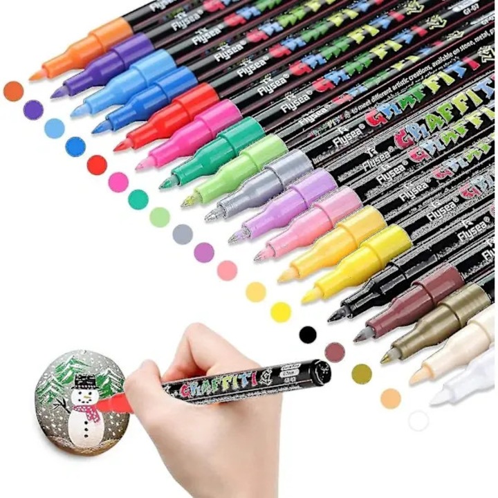 Set de 18 markere cu vopsea acrilica 31CJ-K0274-260814-233, varf rotund 0.7 mm, non-toxic, uscare rapida, finisaj lucios, pentru sticla/ceramica/piatra/materiale diverse, Multicolor