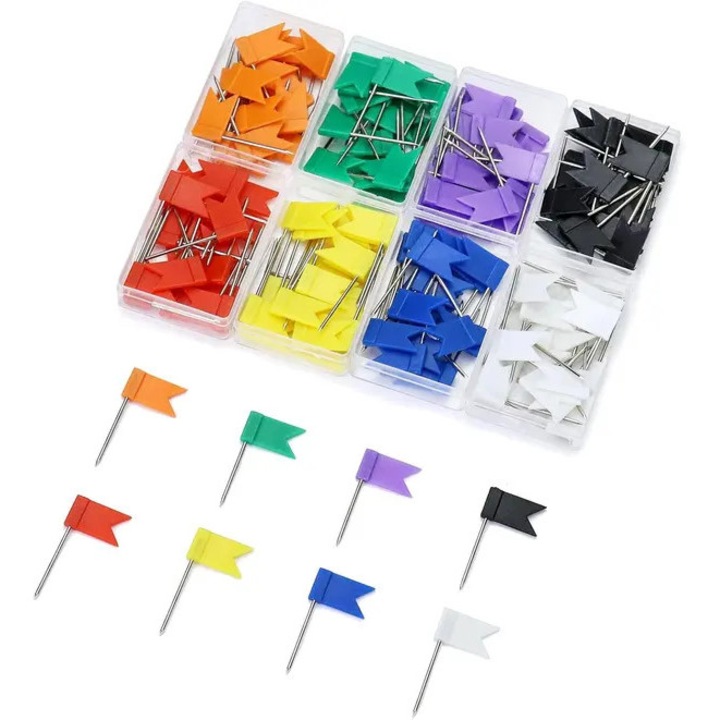 Markere tip stegulet pentru harta din plastic cu tija din otel, 35 x 18 mm, multicolor, set 160 buc. (8 culori, 8 compartimente)