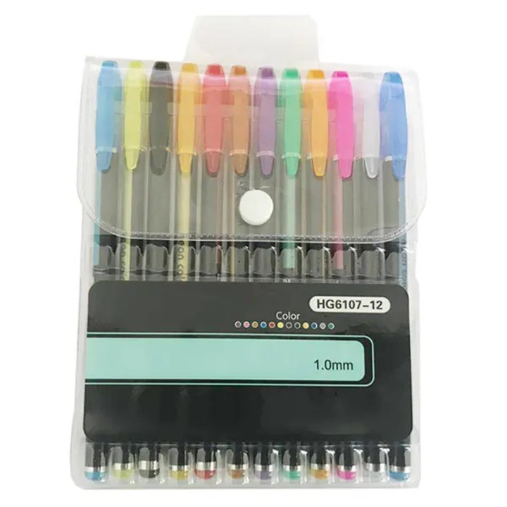 Set de 12 pixuri gel cu sclipici HG6107-12, varf 1.0 mm, culori mixte