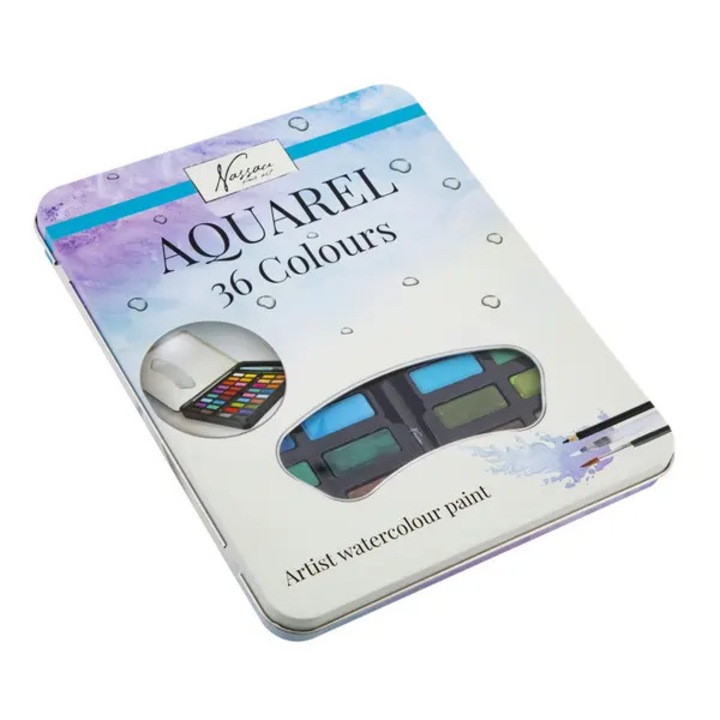 Set de acuarele in cutie metalica, 36 culori, pensula cu rezervor, pensula clasica si creion, multicolor
