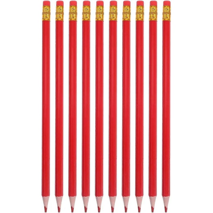 Set de 12 creioane colorate 31CJ-K0274-260814-1329, pre-ascutite, corp din lemn hexagonal, cu guma, rosu