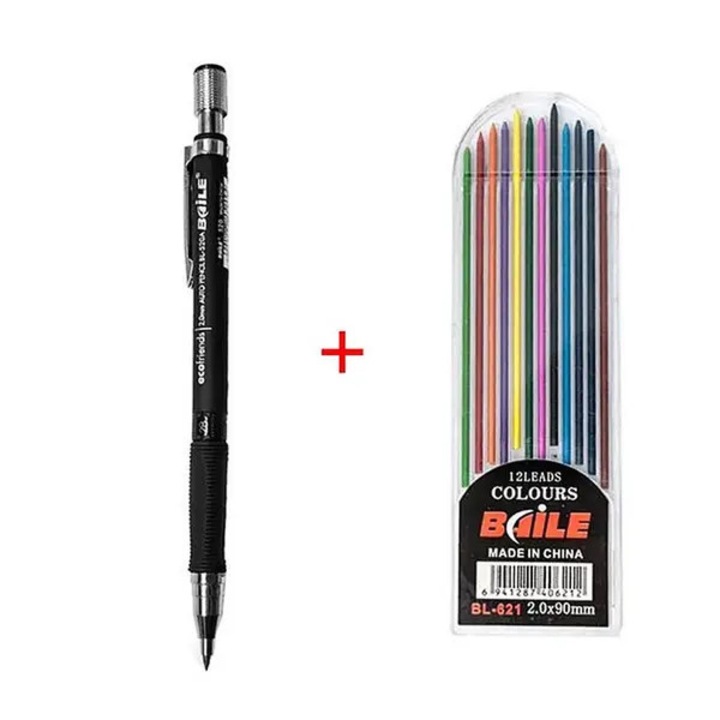 Creion mecanic 2 mm 2B, set 1 creion gri/natural + 12 mine colorate (total 13), cutie plastic, cod 31CJ-K0274-260814-3021