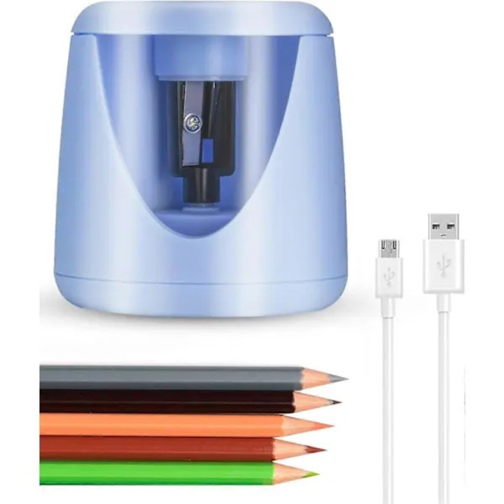 Ascutitoare electrica de creioane 31CJ-K0274-260814-4760, reincarcabila USB cu baterie incorporata, pentru creioane 6-8 mm, cu recipient, albastru