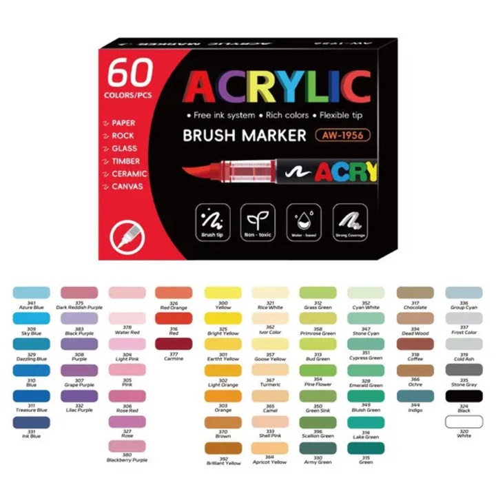 Set de markere acrilice AW-1956 (31CJ-K0274-260814-797), varf pensula flexibil, pe baza de apa, pentru hartie, piatra, lemn, ceramica si textile, Multicolor, 60 culori