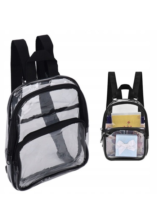 Rucsac mini transparent din PVC, impermeabil, buzunar frontal cu fermoar, transparent cu accente negre, unisex