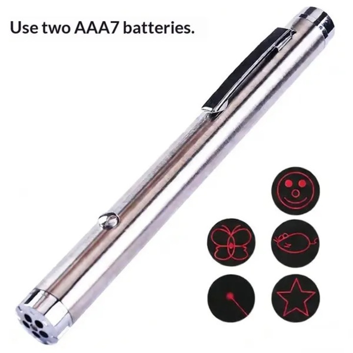 Laser pointer pentru pisici 31CJ-K0274-260814-1221, cu proiectoare modele multiple, inox, argintiu, 12.7 x 1.2 cm, functioneaza cu 2 x AAA