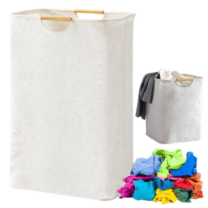 Cos de rufe pliabil din material Oxford, cu manere din lemn si design autoportant, bej, 27 x 40 x 56 cm