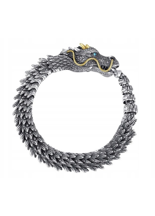 Bratara din aliaj de cupru, design solzi de dragon cu cap de dragon, detalii aurii si ochi albastru, argintiu/auriu
