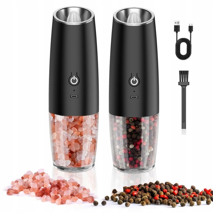 Rasnita electrica pentru sare si piper set 2 31CJ-K0274-260814-5651, senzori de gravitatie, LED albastru, USB reincarcabila, recipient acrilic transparent, capacitate 184g/100g, negru