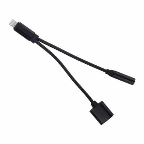 Adaptor 2in1 iPhone, iPad, 3,5 mm jack, Lighthing, casti si charger, negru