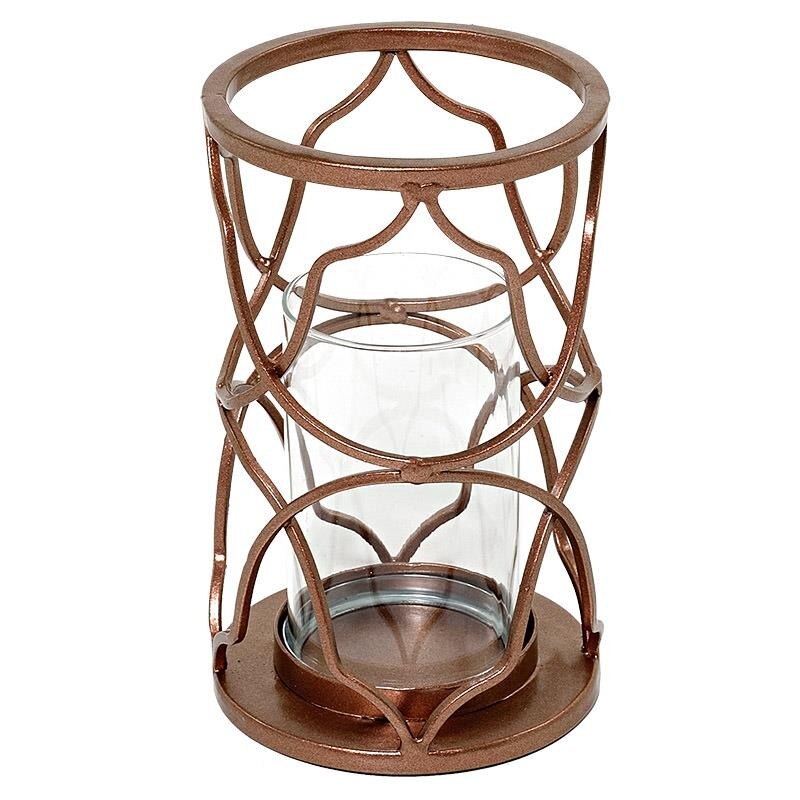 Suport pentru lumanare din metal cu detalii din sticla de culoare maro pentru o lumanare