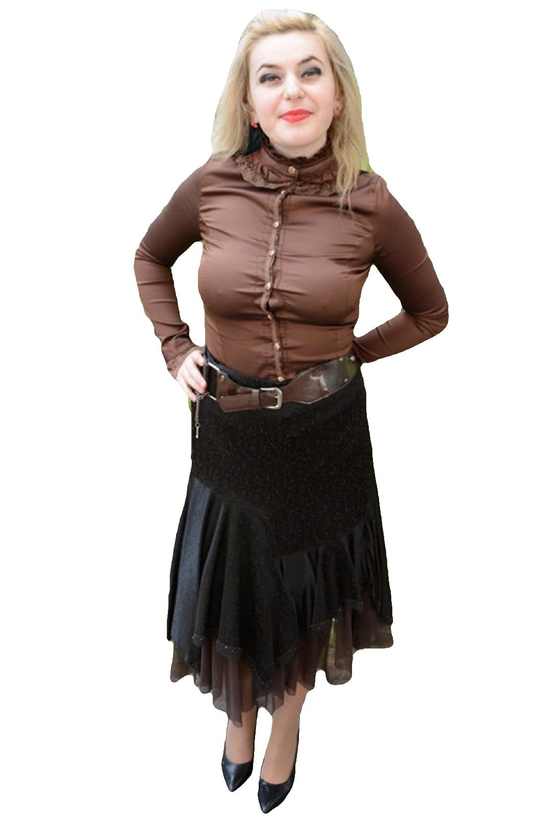 Fusta eleganta, rafinata cu croi asimetric, D&J Exclusive, Maro inchis